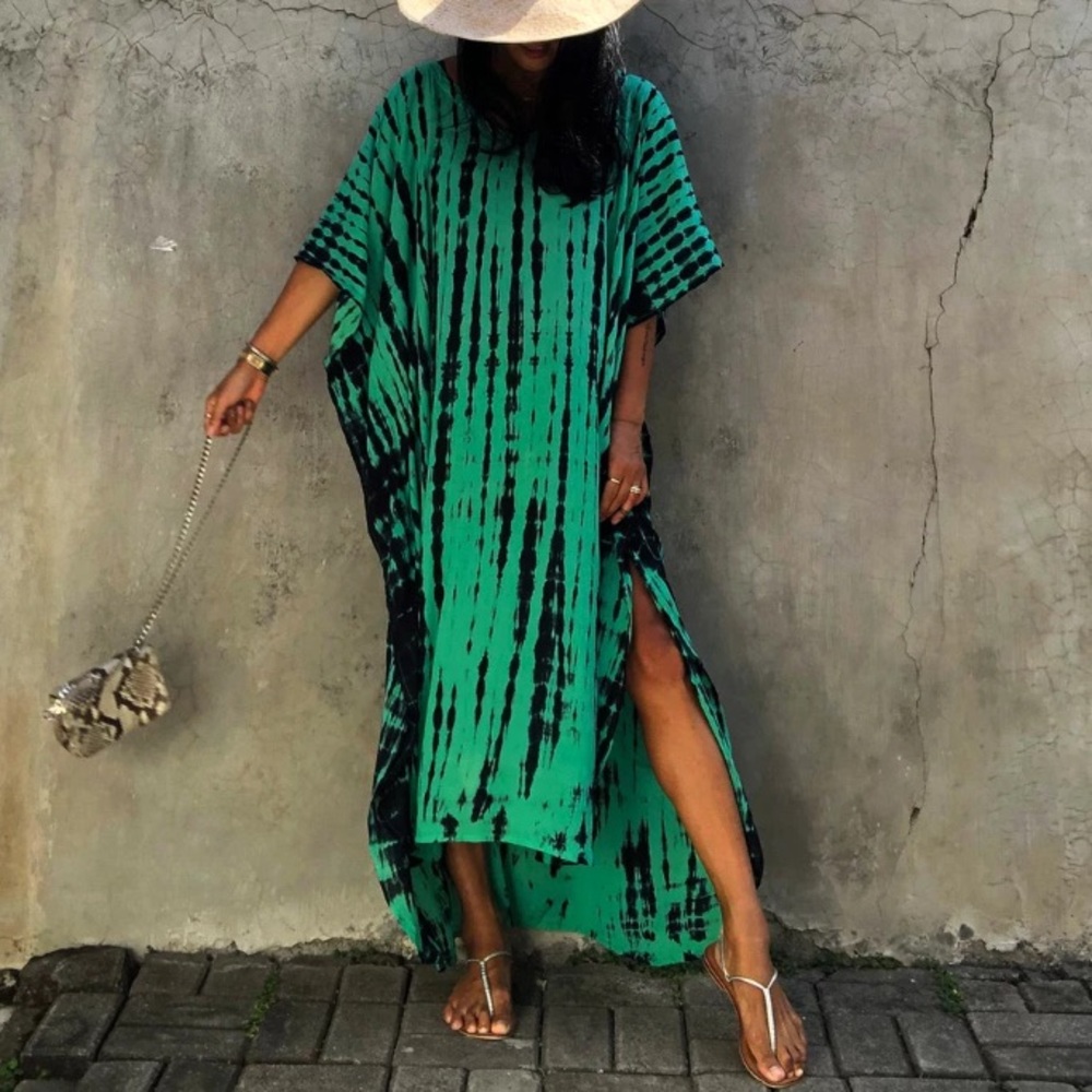 Emerald Green Bohemian Tie Dye Kaftan Kimono Dress - Picture 3 of 5